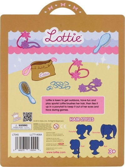 Set për flokët e kukullave Lottie Hair Care Set, me furçë e llastikë, me qese për t’i mbajtur, me ngjyra nga më të ndryshmet