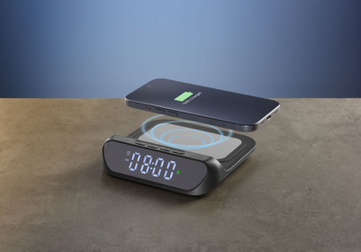 Karikues wireless me orë Cellularline WIRELESSCLOCK2K, 15W, i zi