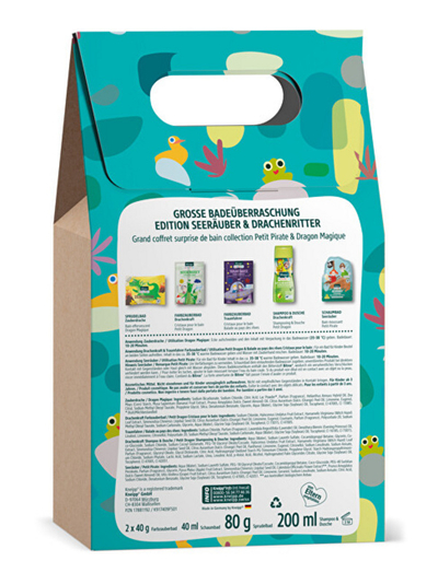 Set për trup Kneipp A Big Bathing Surprise for the Boys, Shampo & xhel dushi 250 ml + shkumë për vaskë 40 ml + krip për vaskë 2x 20 g + krip për vaskë 2x 20 g + bombë për vaskë