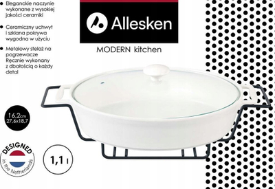 Enë shërbimi Allesken Modern Kitchen, 1.1L, stoneware me kapak xhami, e bardhë