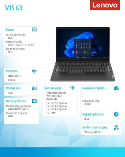 Laptop Lenovo V15 G3, 15.6", Intel Core i3-1215U, 8GB RAM, 256GB SSD