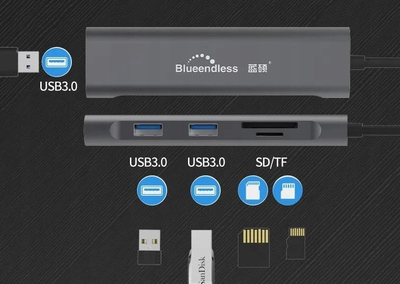Hub USB Blueendless, 3x USB 3.0, lexues SD TF, gri