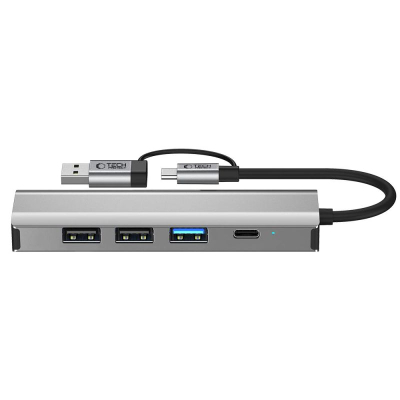 USB разводник Tech-Protect HB03, 5 во 1, Type-C USB-A RJ45, сив металик