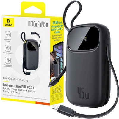 Power bank Baseus, 20000mAh, 45W, me kabllo USB C dhe Lightning të integruar