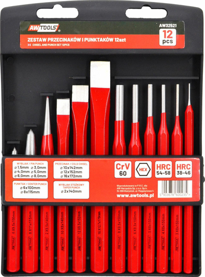 Set daltash dhe shpuese AWTools, 12 copë, çelik CrV