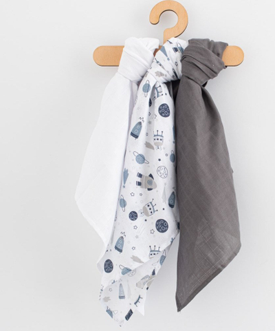 Pelena muslini për bebe New Baby Gray Cosmos, set 3 copë, 60x80 cm, gri