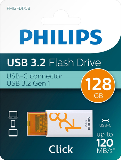 USB flash Philips USB C Click 128GB, USB C, portokalli