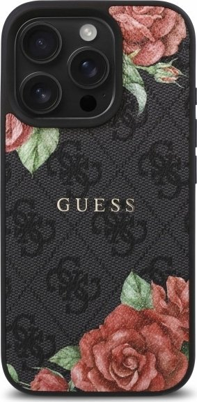 Mbulesë telefoni Guess 4G Flowers Print MagSafe për iPhone 16 Pro, TPU PC, e zezë