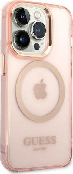 Kallëp telefoni Guess GUHMP14LHTCMP për iPhone 14 Pro, MagSafe, i tejdukshëm, rozë me të artë