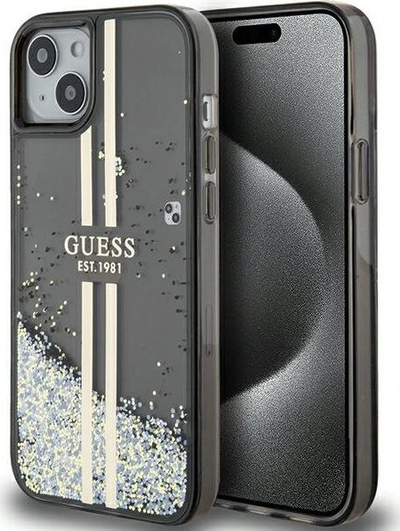 Kapak telefoni Guess Liquid Glitter Gold Stripes, për iPhone 15 14 13, i zi
