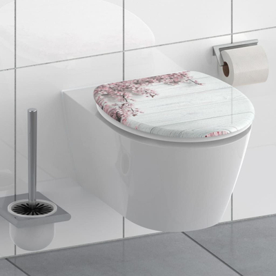 Седиште за ВЦ Schütte FLOWERS &amp; WOOD, soft close, универзална форма, дизајн дрво со розови цветови