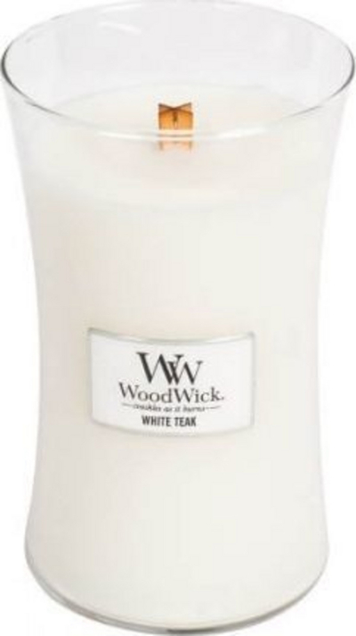 Qiri aromatik WoodWick White Teak, 609.5g, i bardhë