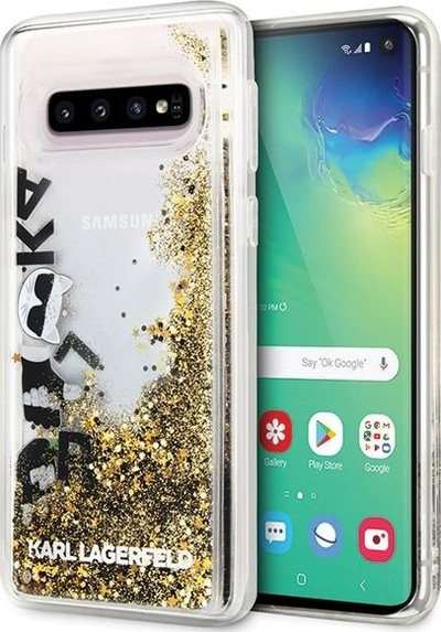 Mbulesë telefoni Karl Lagerfeld Glitter Floating për Samsung Galaxy S10e, transparente me xixa të arta