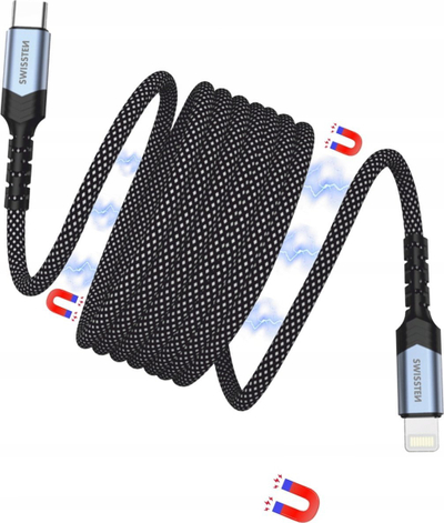 Kabull magnetik Swissten Self Retracting, USB C dhe Lightning, 1 m, zi-argjend