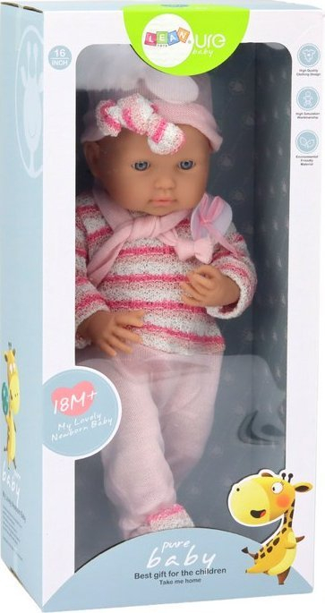 Kukull bebe me veshje, 39cm, pulovër me vija, rozë