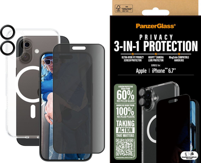 Set mbrojtës PanzerGlass 3 në 1 Privacy për iPhone 16 Plus 6.7", xham me privatësi, gëzhojë transparente