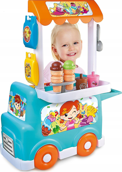 Karrocë loje Dumel Ice Cream Cart, set akulloresh dhe ëmbëlsirash, me tinguj, shumëngjyrëshe