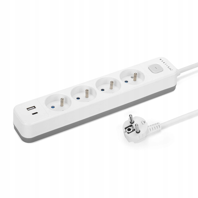Prizë zgjatëse Montis, 4 dalje, USB A USB C, 1.5m, e bardhë gri