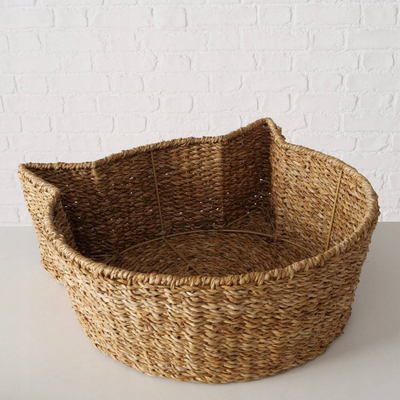 Shportë dekoruese Boltze Home Cat, 50 x 50 x 18 cm, pambuk edhe kallam, ngjyrë natyrale edhe e bardhë