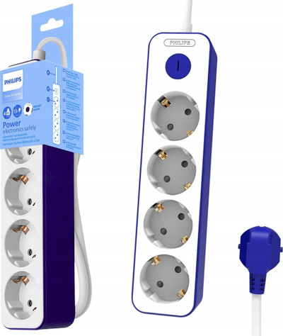 Shirit zgjatues Philips, 4 priza Schuko, USB C, 1.5m, i bardhë me blu
