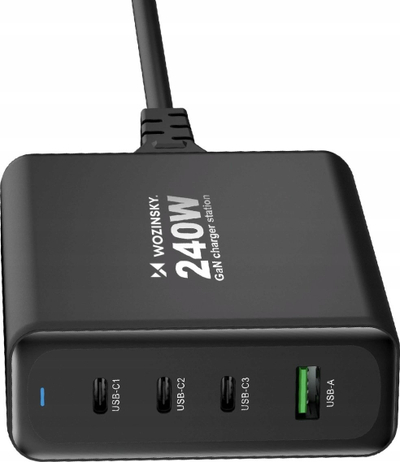 Karikues muri Wozinsky WGCSB, GaN, 240W, 3x USB‑C 1x USB‑A, i zi