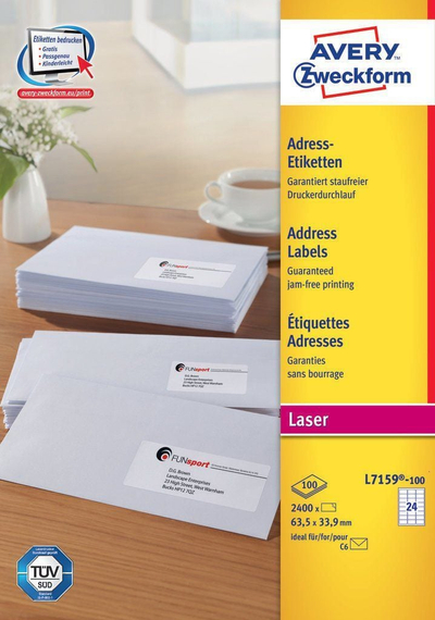 Etiketa adrese Avery Zweckform L7159-100, 63.5 x 33.9 mm, 2400 copë, të bardha