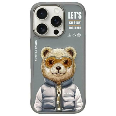 Kuti Nimmy Cool & Cute Bear mbrojtëse për iPhone 16 Pro 6.3", silikon, gri