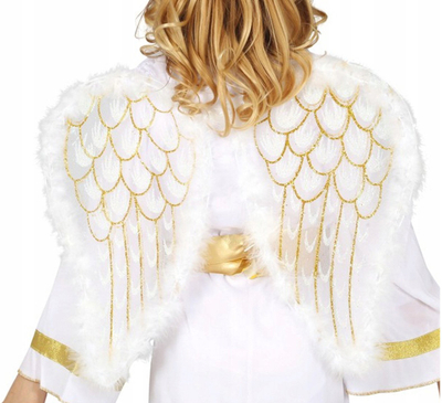 Krahë engjëlli për dekor Angel Wings Z9699, me pupla, me detaje me ar, të bardhë