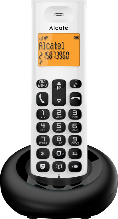 Telefon pa tela Alcatel E160, DECT, ekran i madh me ndriçim portokalli, i bardhë