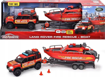 Set lodrash Majorette Land Rover Fire Rescue, varkë me rimorkio, me dritë edhe zë, i kuq