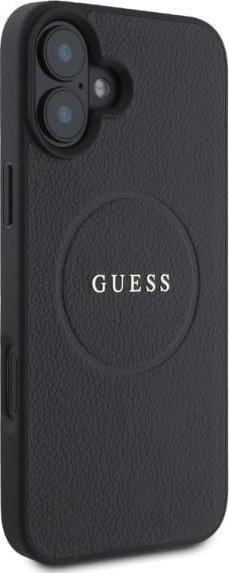 Mbulesë telefoni Guess Grained Gold Ring MagSafe për iPhone 16 6.1", me unazë, e zezë