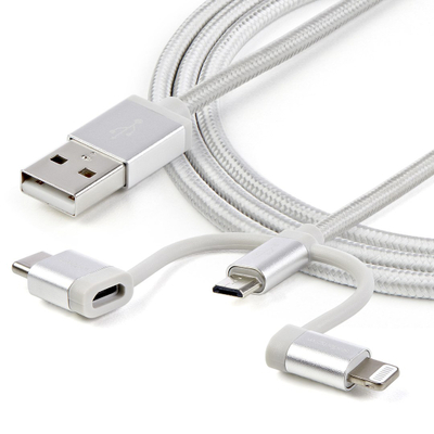 Kabllo karikimi StarTech 3 në 1, USB A në Micro USB USB C Lightning, 1m, ngjyrë argjendtë
