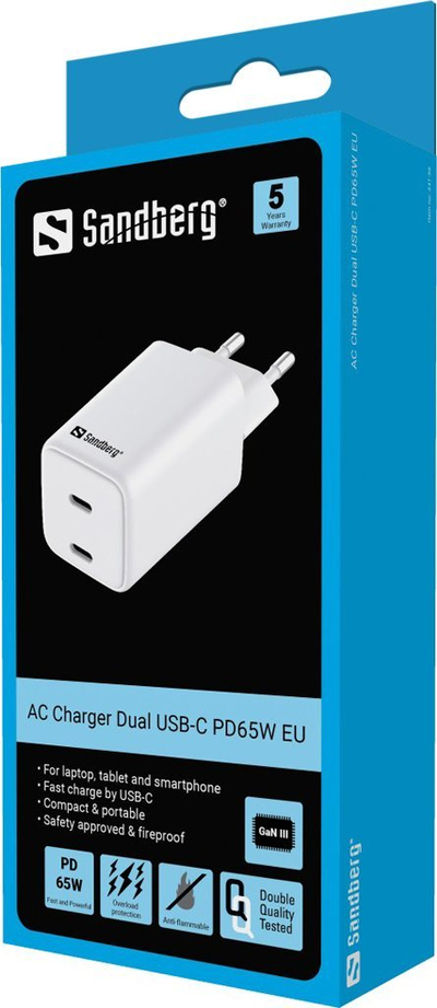 Karikues rryme Sandberg AC Charger Dual, 2x USB C, 65W, i bardhë