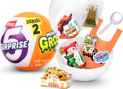 Lodër surprizë Zuru 5 Surprise Mega Gross Minis S2, top me figura, model kuturu, portokalli