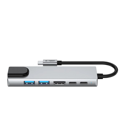 Адаптер USB C Tech-Protect HB02, хаб 6 во 1, HDMI 4K, RJ45, сиво сребрен