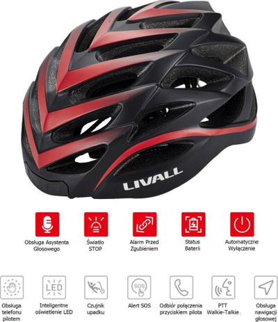 Паметна кацига Livall BH62 Neo, Bluetooth LED SOS, 55-61cm, црвено-црна