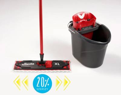 Set mop Vileda Ultramax XL, me kovë, 42 cm, e kuqe e bardhë