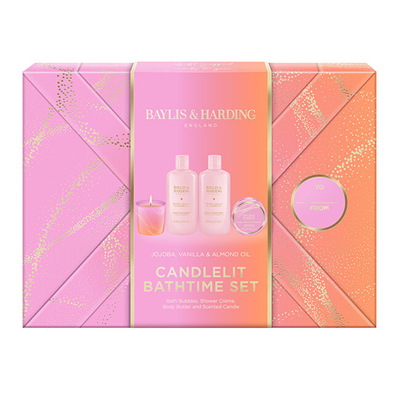 Set për femra Baylis & Harding Jojoba, Vanilla & Almond Oil, krem dushi 300 ml + shkumë për vaskë 300 ml + gjalpë për trup 50 ml + qiri aromatik 60 g