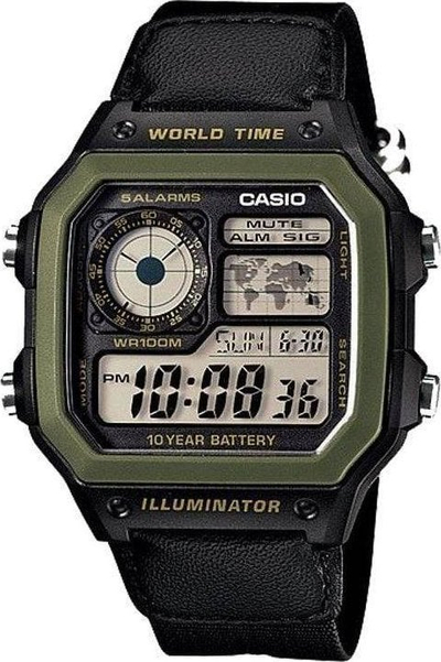 Ora digjitale Casio Youth Series AE1200WHB 1B World Time, mban ujë deri në 100m, me rrip prej pëlhure, e zezë
