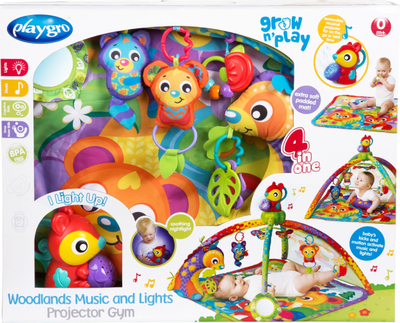 Dyshek loje Playgro Woodlands Music and Lights, projektor muzikor, lodra të varura, shumëngjyrësh