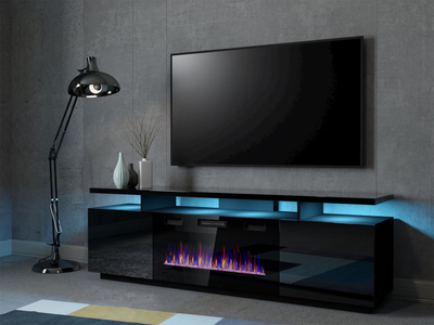Komodë TV Cama Meble Eva me oxhak elektrik, 180x40x52 cm, MDF me shkëlqim, e zezë