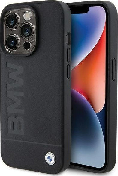 Kapak telefoni BMW MagSafe Leather Hot Stamp për iPhone 15 Pro 6.1", lëkurë origjinale, i zi