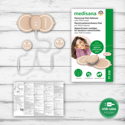 Pajisje TENS Medisana TT 250, për dhimbje menstruale dhe endometriozë, me funksion ngrohjeje, e bardhë