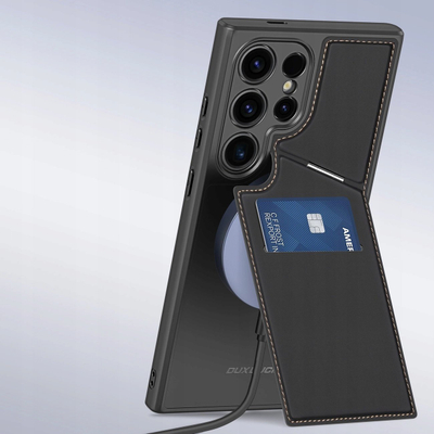 Këllëf telefoni Galaxy S24 Ultra, lëkurë, me portofol dhe MagSafe, i zi