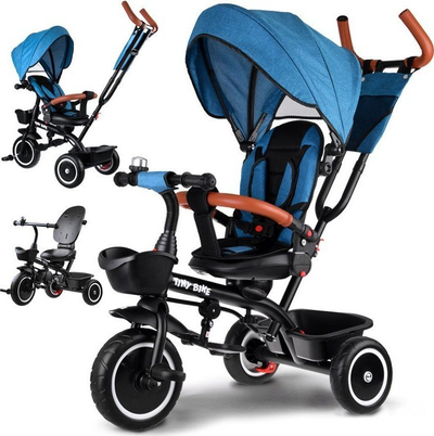 Трицикло за деца Tiny Bike SP0650, 3 во 1, ротирачко седиште, со тенда, црно со зелено