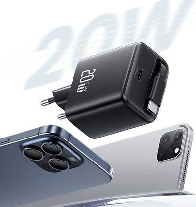Karikues muri USAMS CC233, USB C 20W PD QC, kabllo USB C tërheqëse, i zi