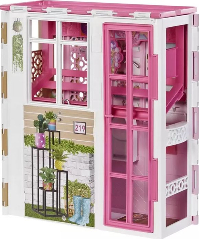 Shpi lodrash Barbie Dollhouse, 2 kate, me mobilje edhe aksesorë, rozë