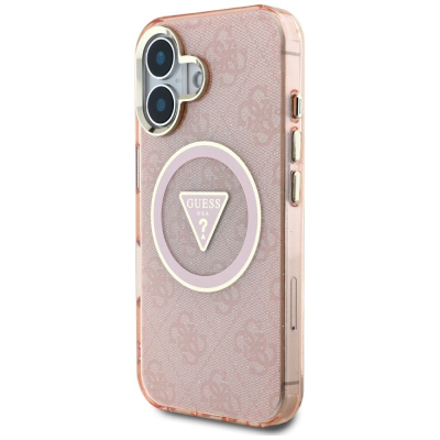 Футрола за телефон Guess IML Metal Glitter 4G Triangle MagSafe за iPhone 16 6.1", розова