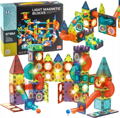 Lodër ndërtimi magnetike Light Magnetic Blocks Marble Run, 110 copa, me drita LED, shumëngjyrëshe