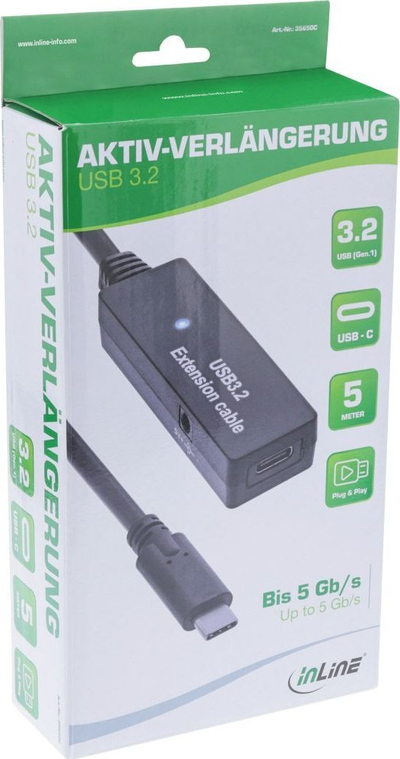 Kabllo zgjatëse aktive InLine USB 3.2 Gen 1, USB C në USB C, 15m, e zezë